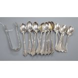 A set of 10 silver teaspoons and a pair of sugar tongs, London 1883, Frances Higgins III a set of of