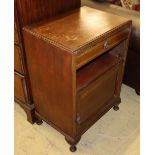 A pair of 1920's chequer inlaid walnut bedside cupboard, W.53cm