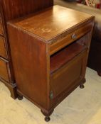 A pair of 1920's chequer inlaid walnut bedside cupboard, W.53cm