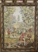 An Aubusson style machine woven hanging tapestry depicting a hunting party, with pole