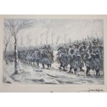 Jean Lefort, coloured etching, Troops in winter, signed, 207/250, 18 x 28cm, unframed