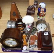 A mixed group of collectables including a Black Forest bear candlesticks, a metronome, etc.