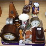 A mixed group of collectables including a Black Forest bear candlesticks, a metronome, etc.