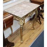 A late Victorian giltwood gesso centre table having marble top, W.77cm