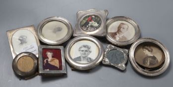 Nine assorted George V and later silver mounted photograph frames, largest 10cm