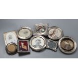 Nine assorted George V and later silver mounted photograph frames, largest 10cm