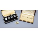 A pair of 14ct gold and sapphire cufflinks, gross 11.3 grams, a similar unmarked clip, gross 4.8