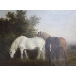 English School (early 19th century) After Shayer, oil on canvas, 'Heavy horses watering' 37 x