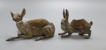 Two Viennese cold painted bronze pen wipes modelled as a deer and a rabbit, tallest 8cm