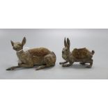 Two Viennese cold painted bronze pen wipes modelled as a deer and a rabbit, tallest 8cm