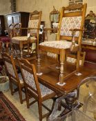 An 18th century design oak draw leaf dining table, 260cm extended, W.91cm, H.79cm and six chairs (