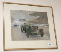 Circle of Dion Pears, pastel on buff paper, Vintage motor racing scene with Talbot number 16, 36 x