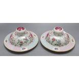 A pair of late 19th century Chinese famille rose covers, diameter 20.5cm