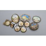 A group of brooches inset with miniature paintings, most on ivory