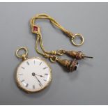 A 19th century French Le Roy et fils yellow metal ladies fob watch and chain with accessories,