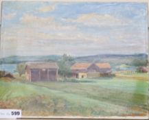 Per Fredriks (1887-1947), oil on canvas, Farmhouses in a landscape, signed, 33 x 41cm, unframed