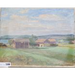 Per Fredriks (1887-1947), oil on canvas, Farmhouses in a landscape, signed, 33 x 41cm, unframed