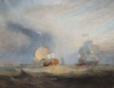 After Turner, oil on canvas, Von Trump's Barge, 92 x 126cm, unframed