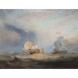 After Turner, oil on canvas, Von Trump's Barge, 92 x 126cm, unframed