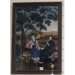 A 19th century Chinese reverse painting on glass of a lady and gentleman seated in a landscape, 56.5