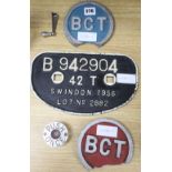 Railwayana: A cast iron boiler or wagon plate and two BCT aluminium plaques