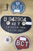 Railwayana: A cast iron boiler or wagon plate and two BCT aluminium plaques