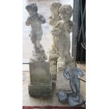 A lead garden ornament and three reconstituted stone figural ornaments, largest 104cm high