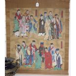 A late 19th century Chinese scroll painting on silk of immortals, image 90 x 79cm