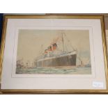 Ernest Rupert Harrington (1886-1980), watercolour, The Queen Mary leaving harbour', inscribed verso,