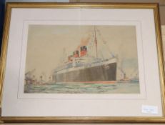 Ernest Rupert Harrington (1886-1980), watercolour, The Queen Mary leaving harbour', inscribed verso,