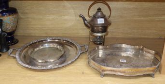 A plated kettle on spirit stand, height 35cm and two plated traysCONDITION: Plate worn