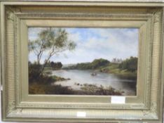 James Richard Marquis (fl.1862), oil on board, River scene with rowing boat, 24 x 39cm