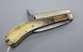 An Unwin and Rodgers combination percussion pistol and knife, 16.5cm, horn grips, the two folding