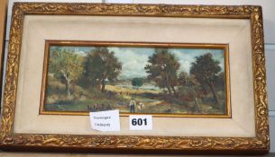 Helmut Jager, oil on canvas, Shepherd in a landscape, signed and dated 1897, 10 x 25cm