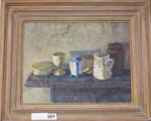 Jackie Philip, (Modern British) oil on canvas, still life, 'Vessels on a ledge' signed the ex