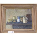 Jackie Philip, (Modern British) oil on canvas, still life, 'Vessels on a ledge' signed the ex