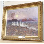 English School late 19th / early 20th century, oil on canvas, Geese at dusk, unsigned, the frame