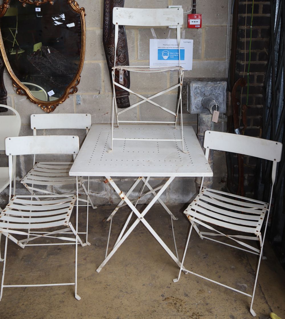 A square metal folding garden table, W.70cm, D.70cm and four chairs