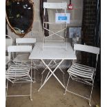 A square metal folding garden table, W.70cm, D.70cm and four chairs