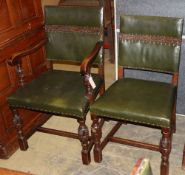 A set of six 1920's Jacobean revival carved oak dining chairs (two with arms)