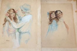 Jean, early 20th century, two watercolours, Young man and girl, 37 x 27.5cm, unframed