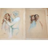 Jean, early 20th century, two watercolours, Young man and girl, 37 x 27.5cm, unframed