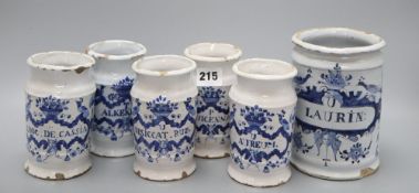 Five various Delft drug jars and another larger, tallest 16cm