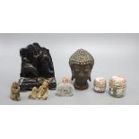 Three Chinese soapstone groups or figures and two small barrels and a snuff bottle, tallest 14.5cm