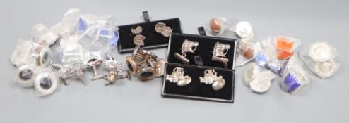 Five pairs of white metal novelty cuff links and sixteen pairs of white metal and stone/glass