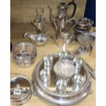 A plated cake stand, two pairs of coasters, a shell-shaped bon-bon stand, a cruet etc.