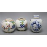 A Chinese blue and white ginger jar and a pair of jars, height 17cm