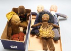 Two Nora Welling sailor dolls and three black dolls, tallest 22cm