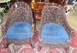 Two 19th century Anglo-Indian carved hardwood chairs, W.80cm, D.66cm, H.88cm