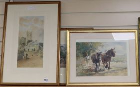 Beth Walters, watercolour, Farmyard scene, 37 x 17.5cm, together with two prints
